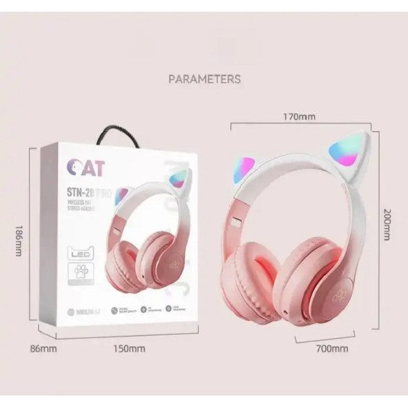 STN-28 PRO Sevimli Kedi Kulaklı Led Işıklı Katlanabilir Kablosuz Kulaküstü Bluetooth Kulaklık - 7