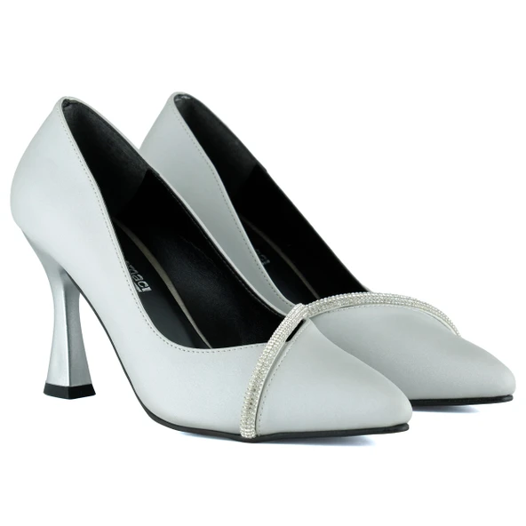 Erkan Saçmacı Roland Gümüş Saten Taşlı Sivri Burun İnce Kadeh Topuklu Abiye Ayakkabı - Resim 4