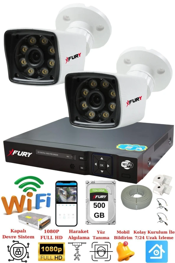 FURY 2 Kameralı 5mp Lens 1080p 2mp Color Görüntü 8 Warm Led Gece Görüş FullHd Güvenlik Kamera 5525W 500GB - Resim 2