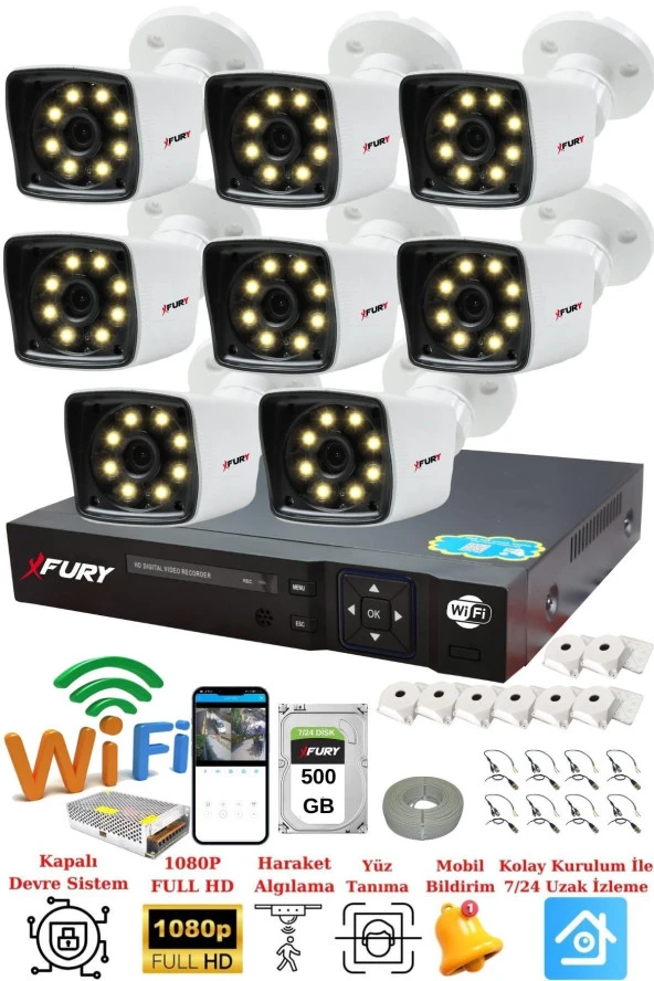 FURY 8 Kameralı 5mp Lens 1080p 2mp Color Görüntü 8 Warm Led Gece Görüş FullHd Güvenlik Kamera 5525W 500GB