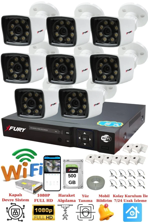 FURY 8 Kameralı 5mp Lens 1080p 2mp Color Görüntü 8 Warm Led Gece Görüş FullHd Güvenlik Kamera 5525W 500GB - 2