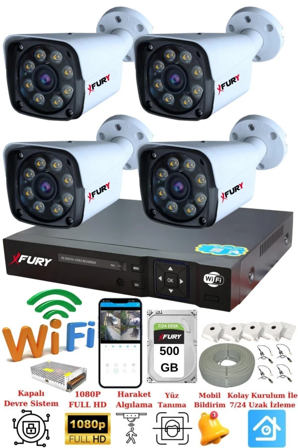 FURY 4 Kameralı 5mp Lens 1080p 2mp Color Görüntü 8 Warm Led Gece Görüş FullHd Güvenlik Kamera 5520W 500GB - Resim 2