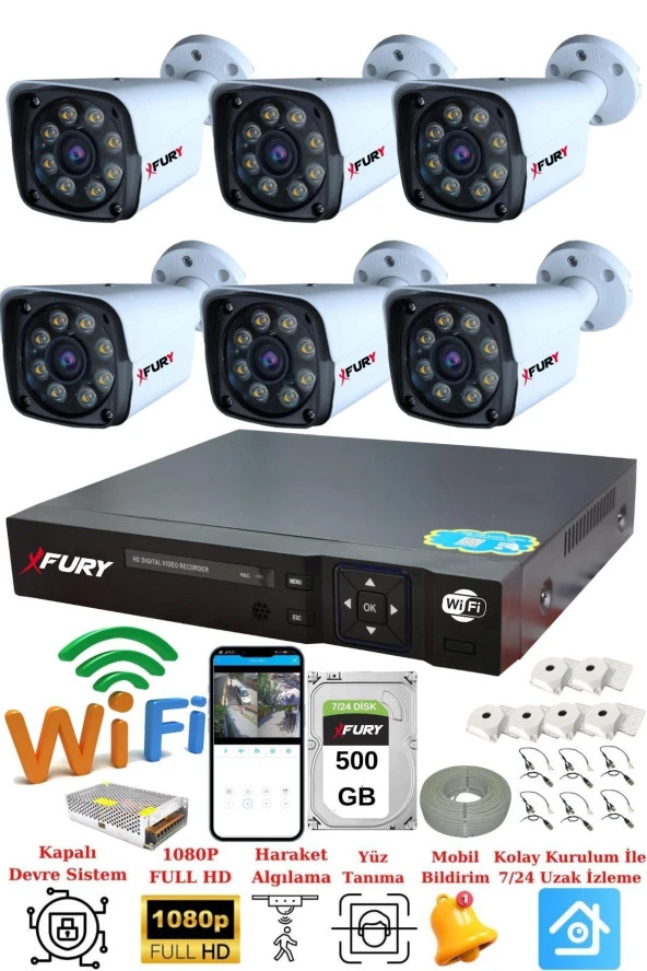 FURY 6 Kameralı 5mp Lens 1080p 2mp Color Görüntü 8 Warm Led Gece Görüş FullHd Güvenlik Kamera 5520W 500GB - Resim 2