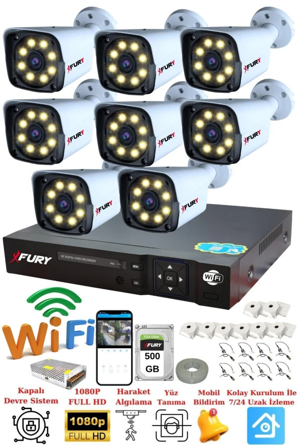 FURY 8 Kameralı 5mp Lens 1080p 2mp Color Görüntü 8 Warm Led Gece Görüş FullHd Güvenlik Kamera 5520W 500GB