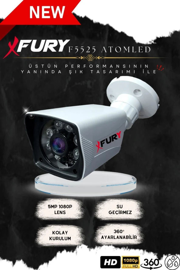 FURY 5mp 3.6mm Lensli 1080p 2mp Görüntü 6 Atom Led Gece Görüşlü Full Hd Güvenlik Kamerası 5525 - 5