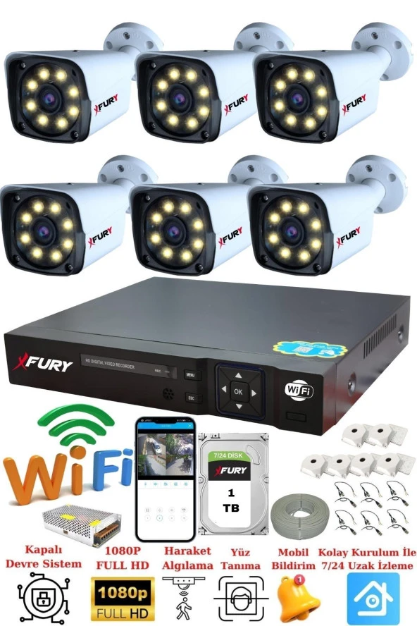FURY 6 Kameralı 5mp Lens 1080p 2mp Color Görüntü 8 Warm Led Gece Görüş FullHd Güvenlik Kamera 5520W 1TB