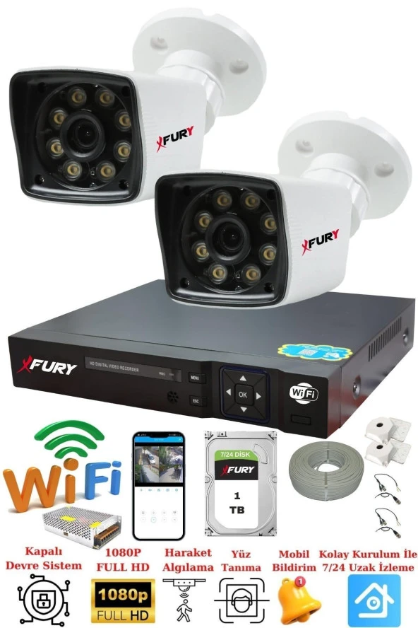 FURY 2 Kameralı 5mp Lens 1080p 2mp Color Görüntü 8 Warm Led Gece Görüş FullHd Güvenlik Kamera 5525W 1TB - Resim 2