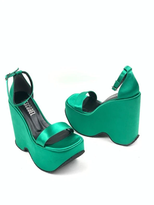 Kadın Yeşil Koff Saten Yüksek Dolgu Taban Platform Tek Bant Sandalet