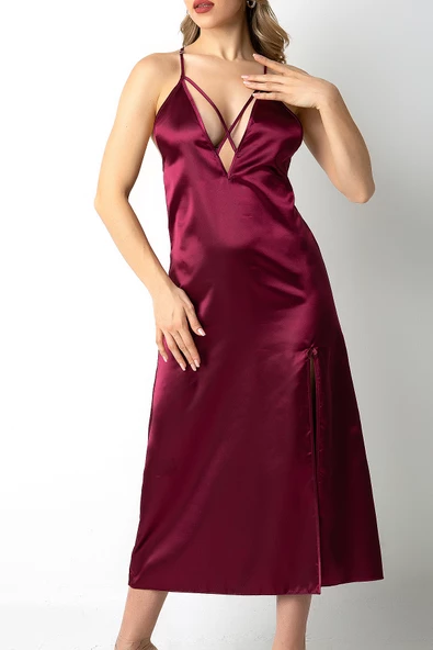 DoReMi Sırt Dantel Detaylı Yırtmaçlı Saten Gecelik - Resim 7