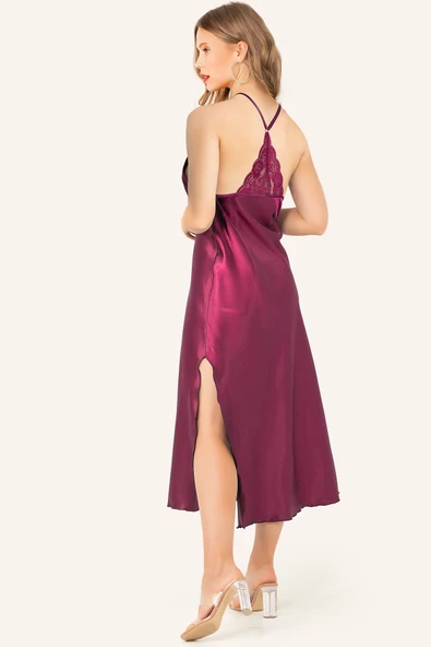 DoReMi Sırt Dantel Detaylı Yırtmaçlı Saten Gecelik - Resim 9