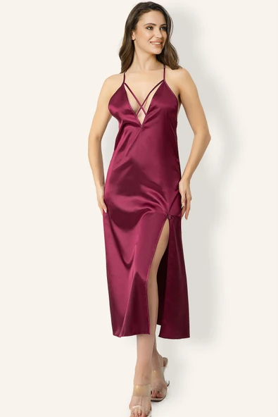 DoReMi Sırt Dantel Detaylı Yırtmaçlı Saten Gecelik ürün görseli 1