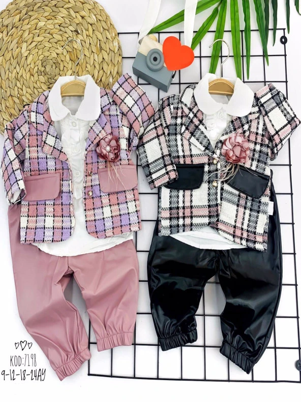 Justcheapstore11306 Yaka Gül Detaylı Cepli Ceketli Uzun Kollu Örme Kumaş Kız Bebek Takımı