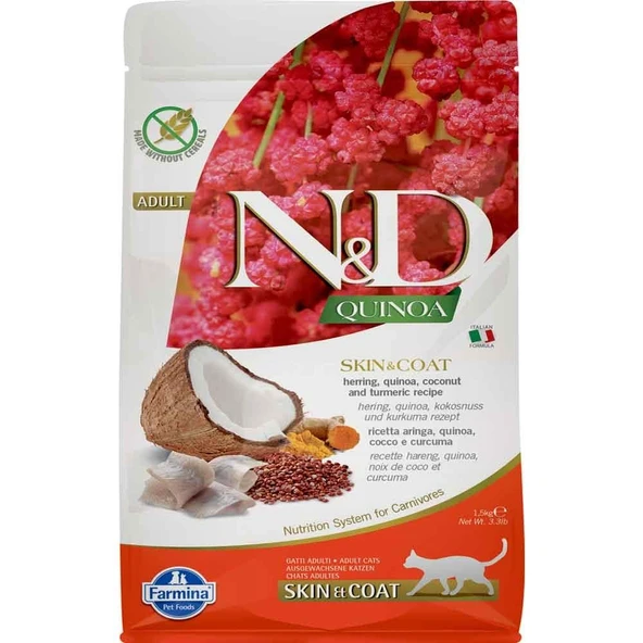 N&D Quinoa Skin Coat Ringa Balığı Kedi Maması 1,5 kg ürün görseli 1