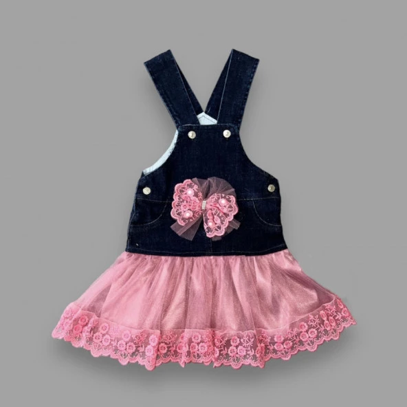Justcheapstore Fiyonklu Düğme Detaylı Tül Etek Kot Kumaş Salopet Kız Çocuk Elbisesi