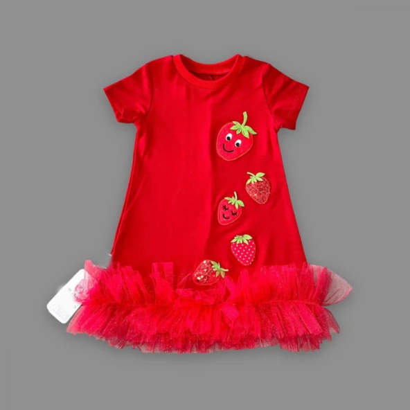 Justcheapstore1947 Payetli Çilekler Nakışlı Eteği Fırfırlı Jile Kız Çocuk Elbisesi