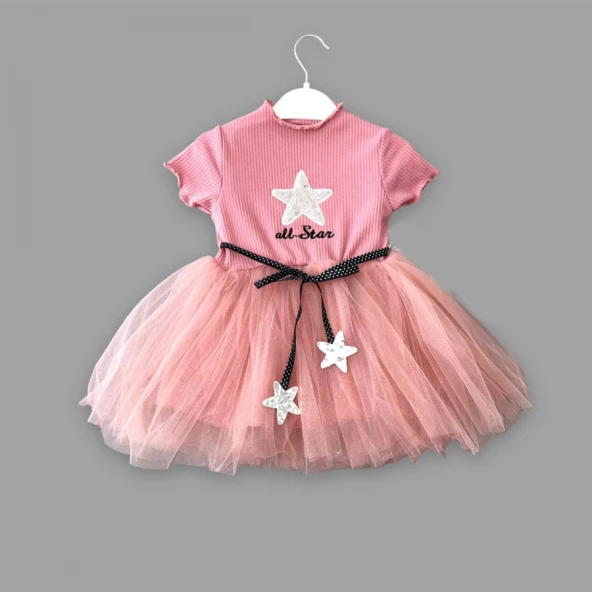 Justcheapstore165 All Star Payetli Yıldız Nakışlı Astarlı Kız Bebek Elbisesi