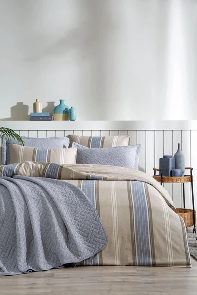 Özdilek Calista 7 Parça Yatak Örtülü (Pamuklu) Gelin Seti-Mavi