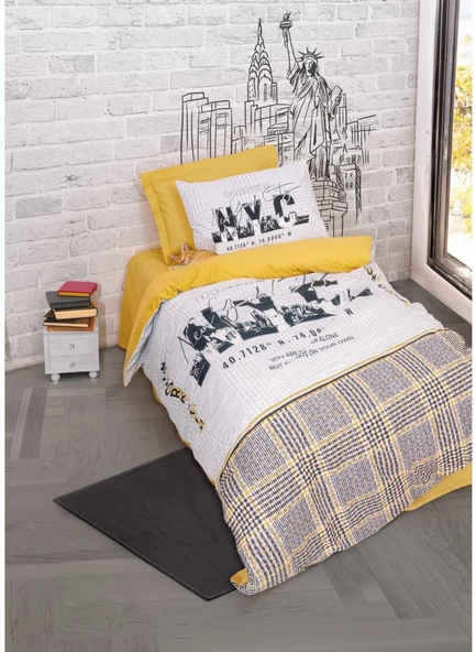 Cotton Box Genç Odası Ranforce lastikli  Çarşaflı Tek Kişilik Nevresim Takımı Worldwıde Hardal