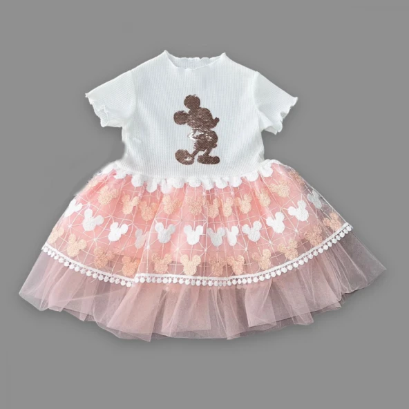 Justcheapstore11000 Payetli Mickey Baskılı Brode Etekli Kız Bebek Elbisesi