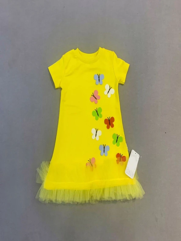 Justcheapstore1107 Renkli Kelebekler Nakışlı Eteği Fırfırlı Jile Çocuk Elbisesi