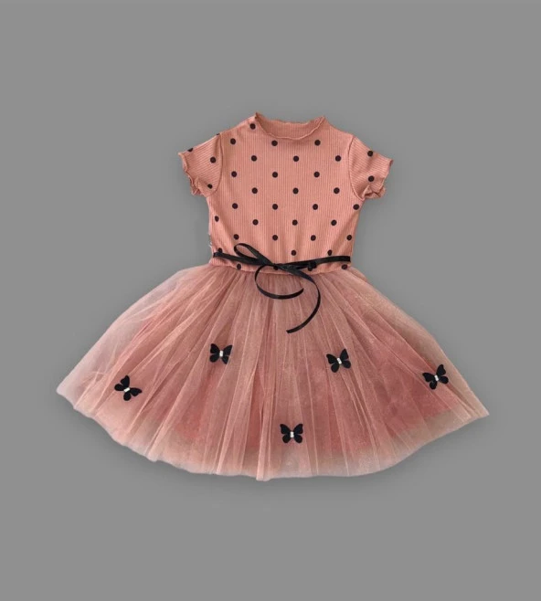 Justcheapstore1093 Puantiyeli Kelebek Etekli Astarlı Kız Çocuk Elbisesi