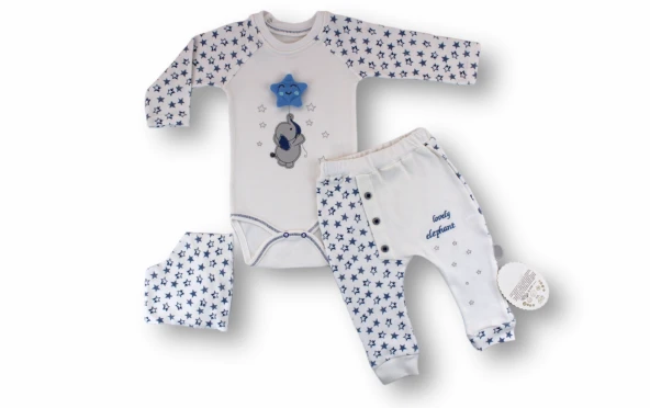 Justcheapstore1 Kutup Yıldızı Nakışlı Bandajlı Uzun Kollu Zıbınlı 3lü Erkek Bebek Takımı