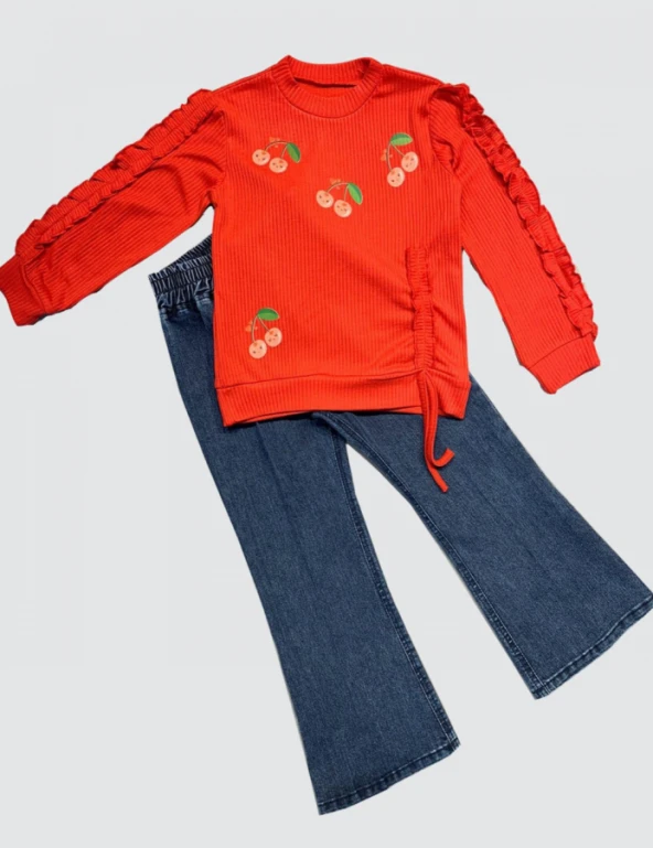 Justcheapstore1733 Kot Pantolonlu Kiraz Desenli Penye Sweat Uzun Kollu 2li Kız Çocuk Takımı