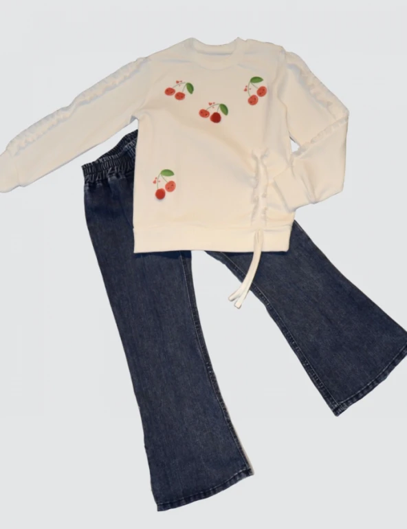 Justcheapstore1731 Kot Pantolonlu Kiraz Desenli Penye Sweat Uzun Kollu 2li Kız Çocuk Takımı