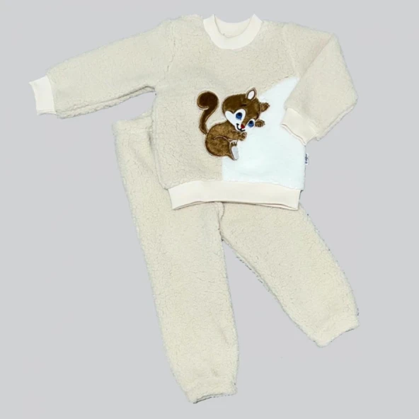 Justcheapstore1837 Masum Yavru Sincap Nakışlı Kuzu Kumaş Sweat Pantolon 2li Kız Erkek Bebek Takımı