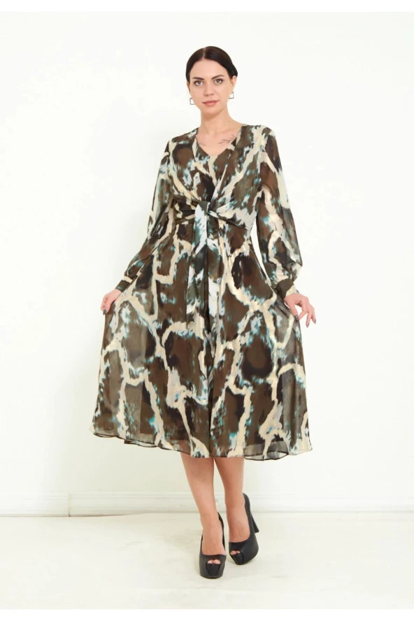 Modatalika Kadın Şifon Kumaş Dijital Gold Varak Baskı Detaylı Midi Elbise - Resim 3