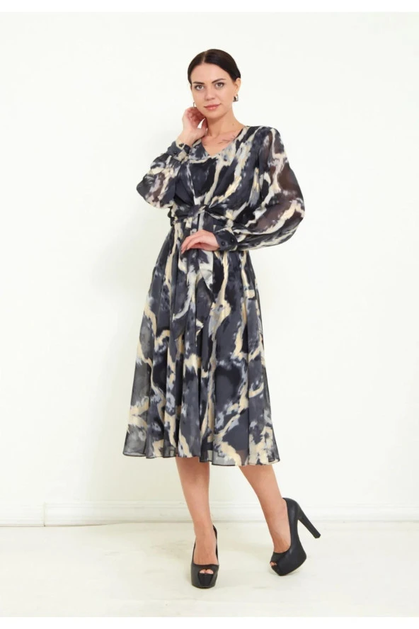 Modatalika Kadın Şifon Kumaş Dijital Gold Varak Baskı Detaylı Midi Elbise - Resim 4