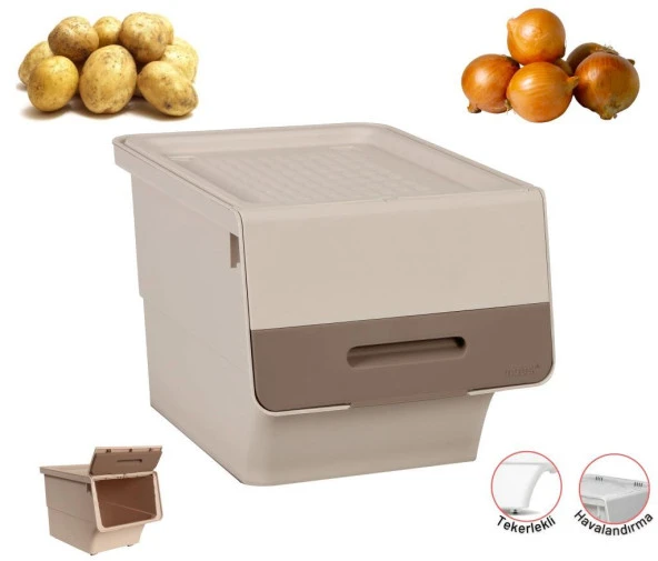 Motek Patateslik Soğanlık Tekerlekli Organizer Çok Amaçlı Saklama Kutusu 1X33 Lt Açık kahve+Krem