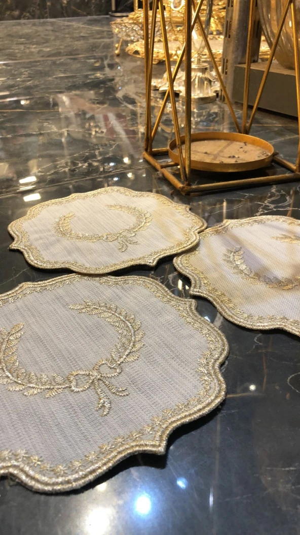 Arma Krem Gold  6lı Linen Keten Kahve Yanı Kokteyl Sunum Parti Peçetesi Nakış Işlemeli Sunumluk