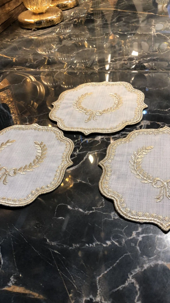 Arma Krem Gold  6lı Linen Keten Kahve Yanı Kokteyl Sunum Parti Peçetesi Nakış Işlemeli Sunumluk - 3