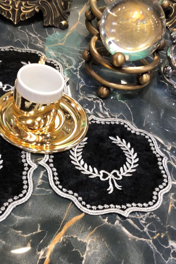 Arma Siyah Gri 6lı Linen Keten Kahve Yanı Kokteyl Sunum Parti Peçetesi Nakış Işlemeli Sunumluk - 2