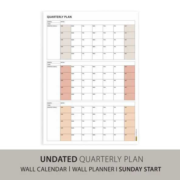 Amerikan Standardı Tarihsiz Üç Aylık Duvar Takvimi, Kahve Tonları, Pazar Günü Başlagıç, Üç Aylık Duvar Planlayıcısı, 90 - Resim 2