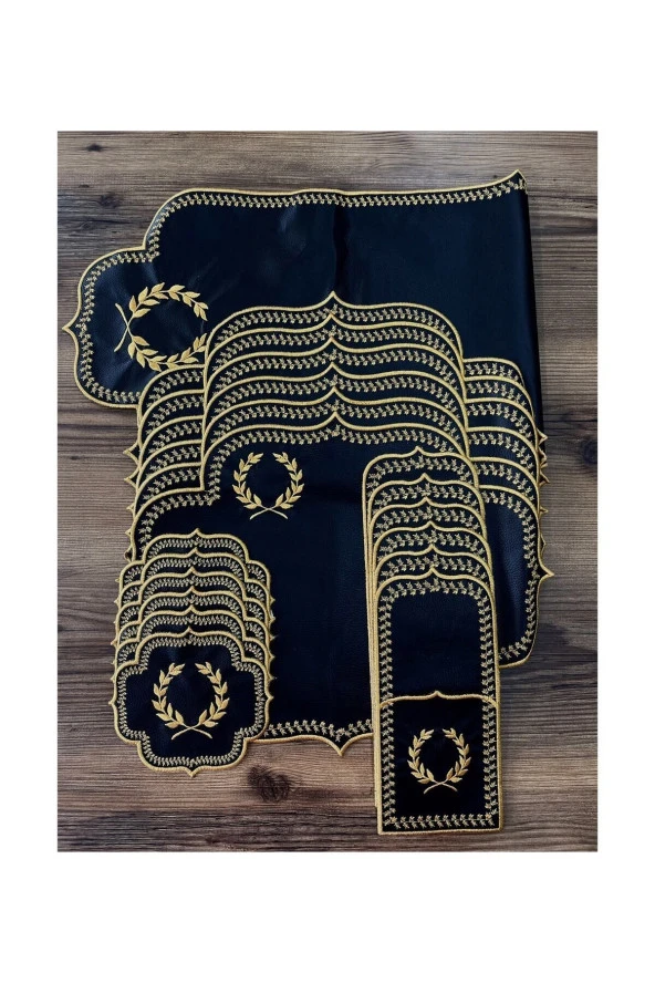 Başak Siyah Gold 12 Kişilik 37 Parça Amerikan Servis Runner ve Seti Nakışlı Deri Yemek Sunum Takımı - 2