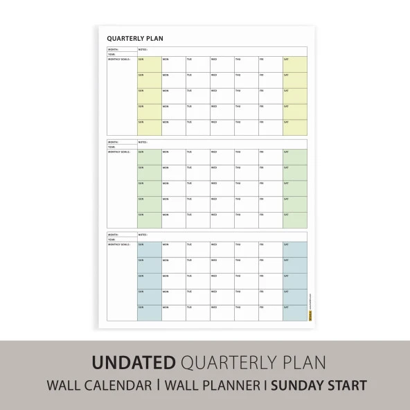 Amerikan Standardı Tarihsiz Üç Aylık Duvar Takvimi, Yeşil Renkler, Pazar Günü Başlagıç, Üç Aylık Duvar Planlayıcısı, 90 - 2