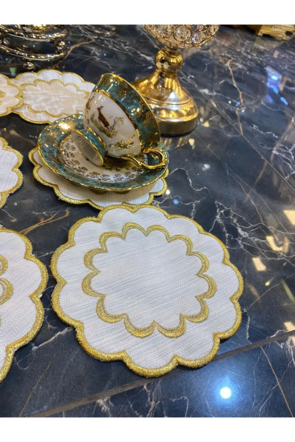 Galaxy Gold 6lı Linen Keten Kahve Yanı Kokteyl Sunum Parti Peçetesi Nakış Işlemeli Sunumluk - 2