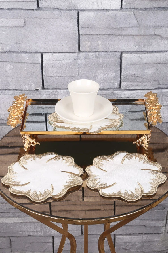 Hawaii Gold 6lı Linen Keten Kahve Yanı Kokteyl Sunum Parti Peçetesi Nakış Işlemeli Sunumluk