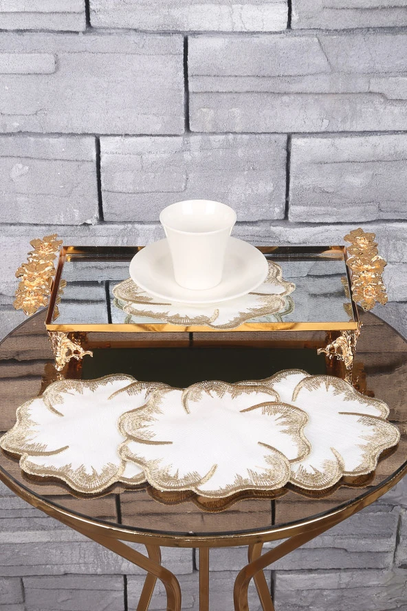 Hawaii Gold 6lı Linen Keten Kahve Yanı Kokteyl Sunum Parti Peçetesi Nakış Işlemeli Sunumluk - 3