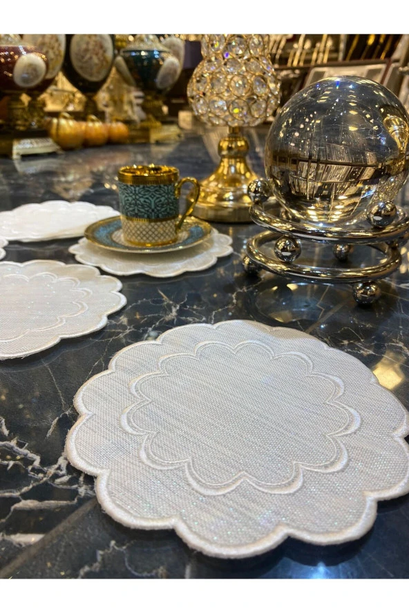 Galaxy Krem 6lı Linen Keten Kahve Yanı Kokteyl Sunum Parti Peçetesi Nakış Işlemeli Sunumluk