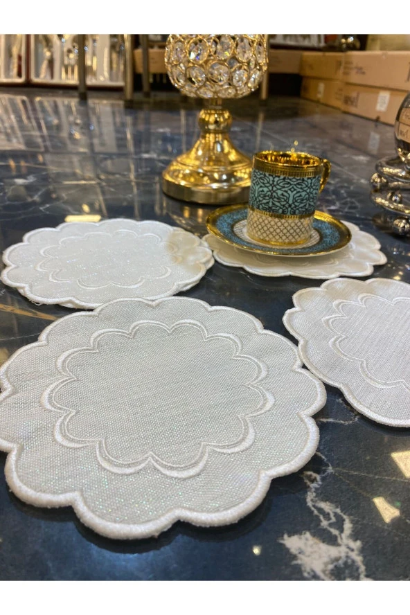 Galaxy Krem 6lı Linen Keten Kahve Yanı Kokteyl Sunum Parti Peçetesi Nakış Işlemeli Sunumluk - 2