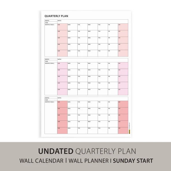 Amerikan Standardı Tarihsiz Üç Aylık Duvar Takvimi, Pembe Renkler, Pazar Günü Başlagıç, Üç Aylık Duvar Planlayıcısı, 90 - Resim 2