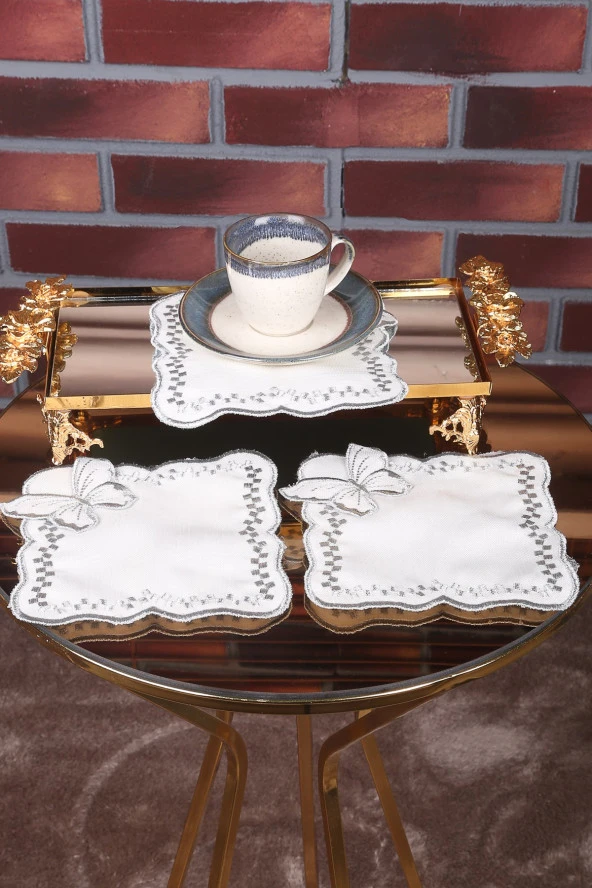 Kelebek Gümüş 6lı Linen Keten Kahve Yanı Kokteyl Sunum Parti Peçetesi Nakış Işlemeli Sunumluk