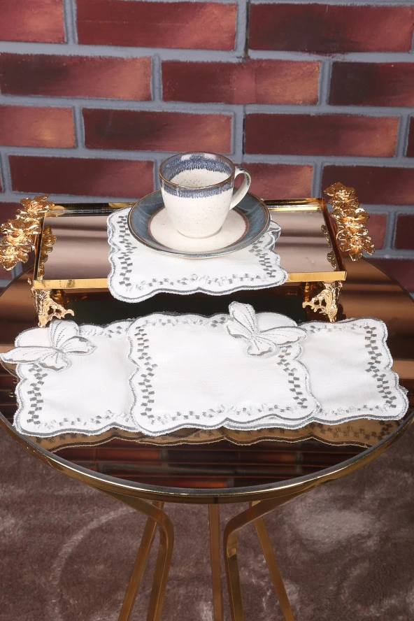 Kelebek Gümüş 6lı Linen Keten Kahve Yanı Kokteyl Sunum Parti Peçetesi Nakış Işlemeli Sunumluk - 3