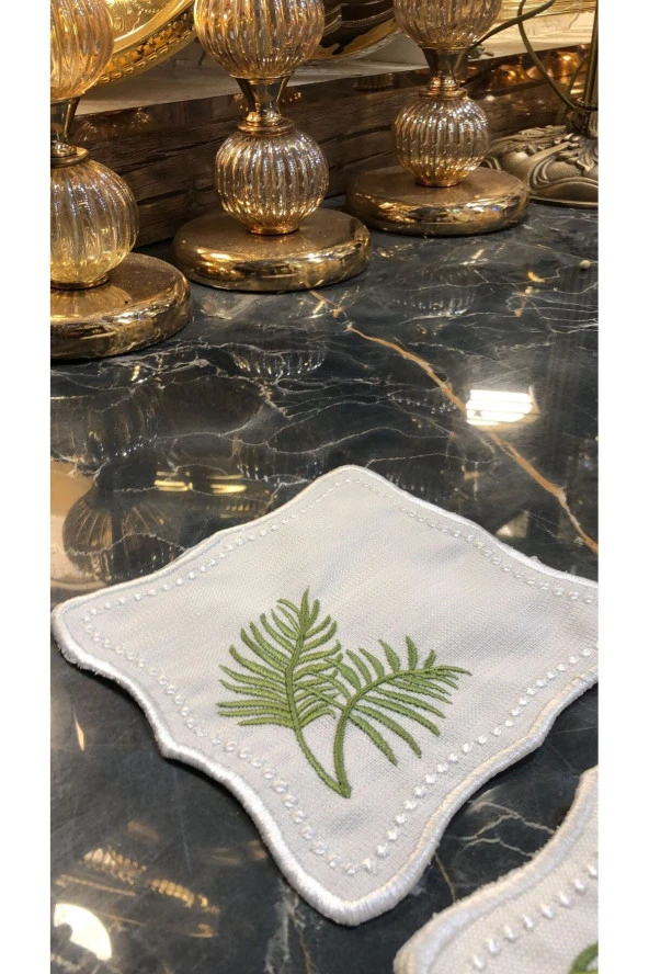 Miami Green 6lı Linen Keten Kahve Yanı Kokteyl Sunum Parti Peçetesi Nakış Işlemeli Sunumluk