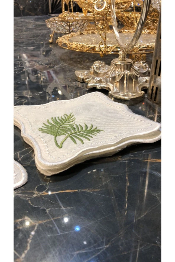 Miami Green 6lı Linen Keten Kahve Yanı Kokteyl Sunum Parti Peçetesi Nakış Işlemeli Sunumluk - 2