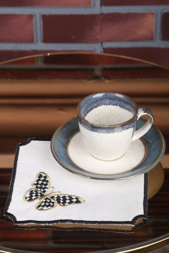 Kelebek Siyah 6lı Linen Keten Kahve Yanı Kokteyl Sunum Parti Peçetesi Nakış Işlemeli Sunumluk