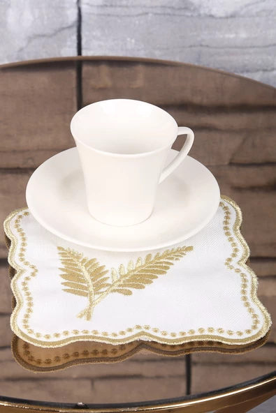 Palmiye Yaprak Gold 6lı Linen Keten Kahve Yanı Kokteyl Sunum Parti Peçetesi Nakış Işlemeli Sunumluk